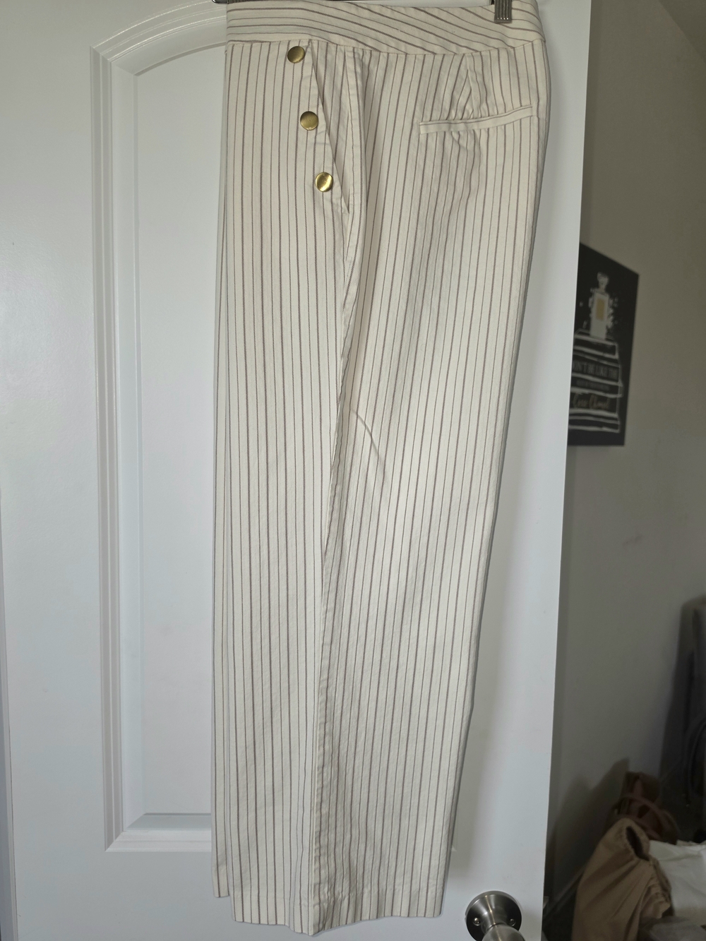 Ann Taylor Cream Pinstriped Cropped Sailor Pant with Gold Buttons